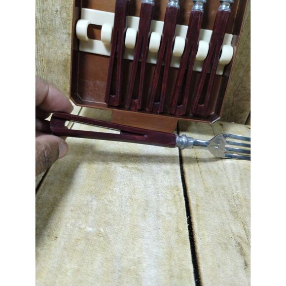VTG 50s Stanley Deluxe Steak Fork Set Of 6 w/Tray MCM - Picture 8 of 9
